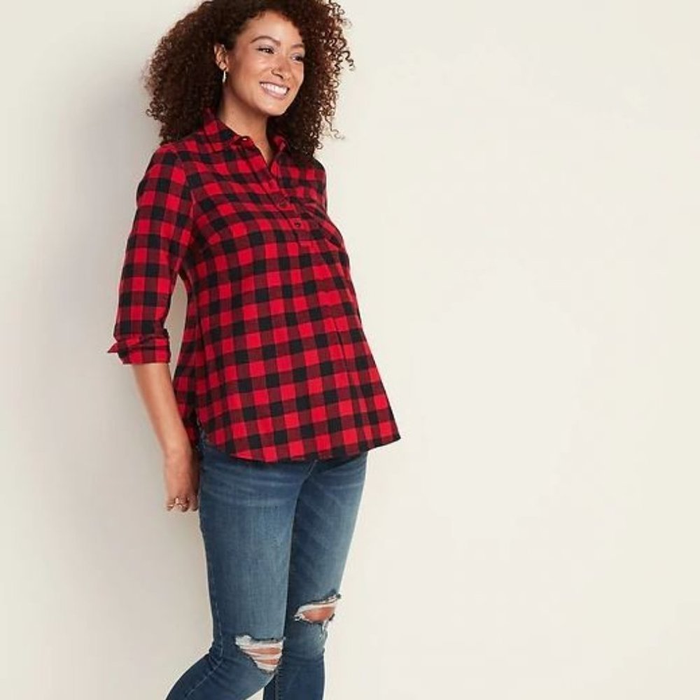 Maternity Plaid Flannel Popover Shirt Red Buffalo - Picture 3 of 6